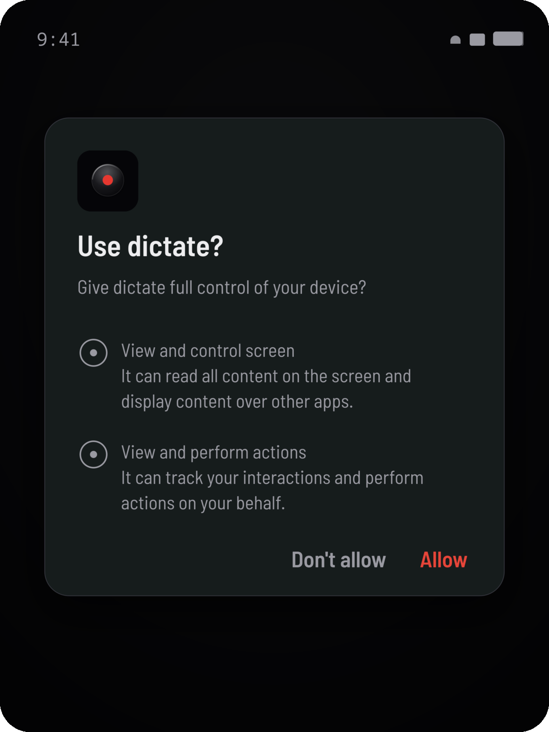 Android accessibility service confirmation dialog for enabling dictate