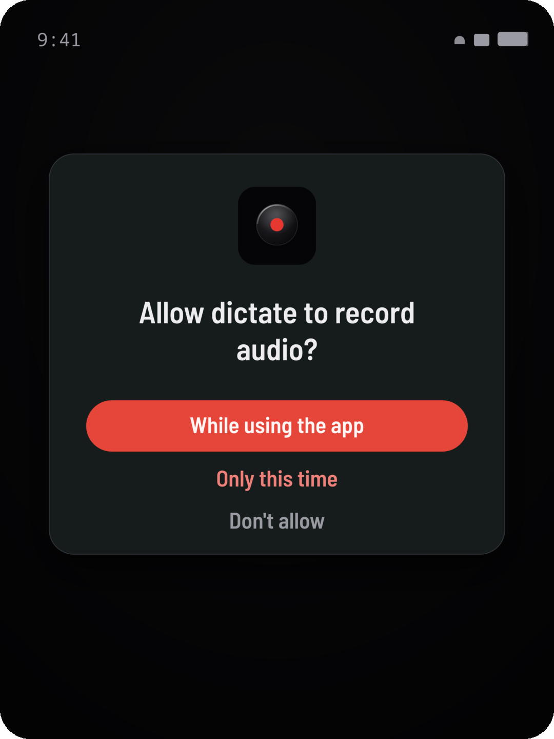 Android microphone permission dialog asking to allow dictate to record audio