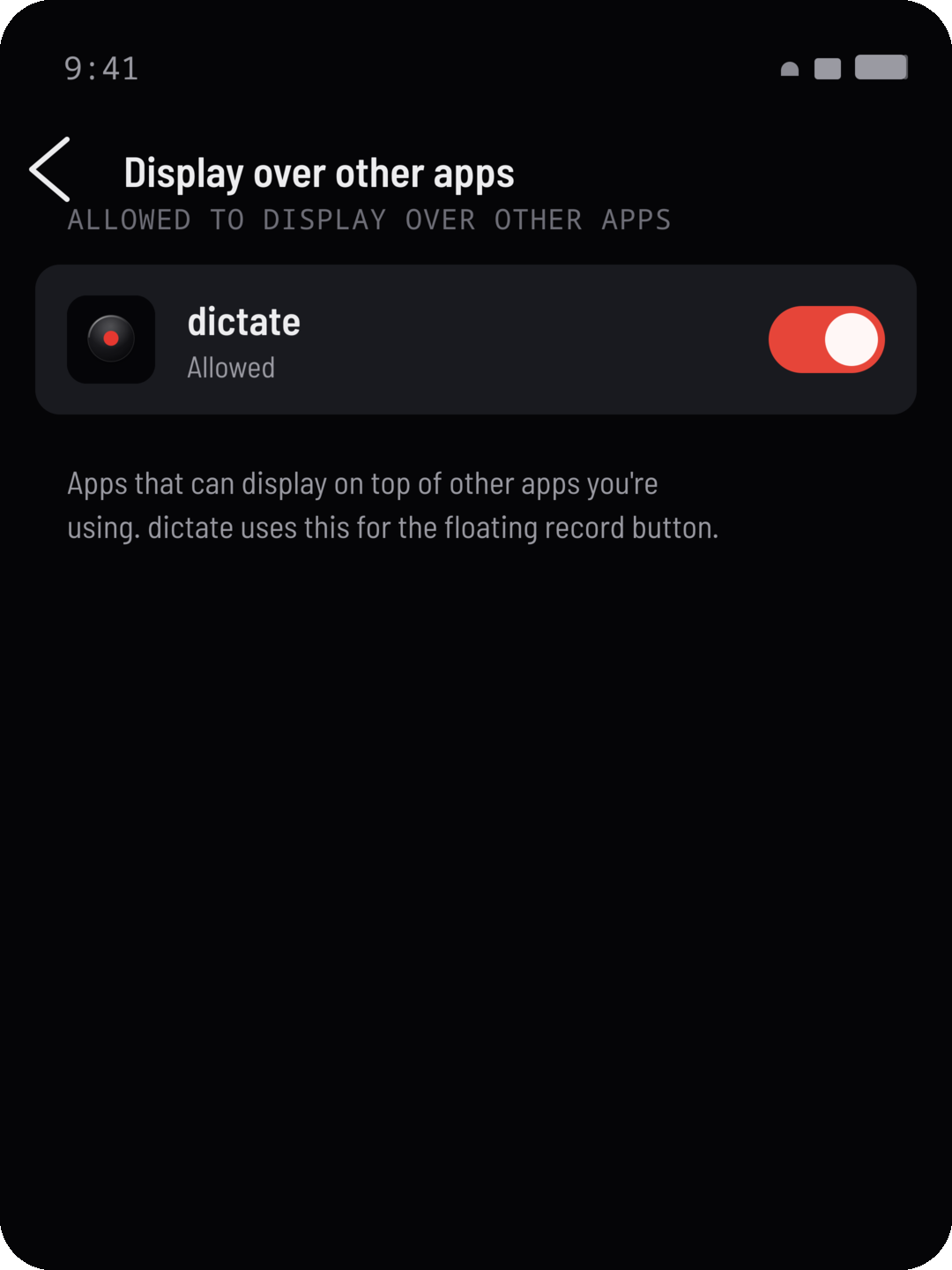 Android Display over other apps settings screen with dictate toggled on